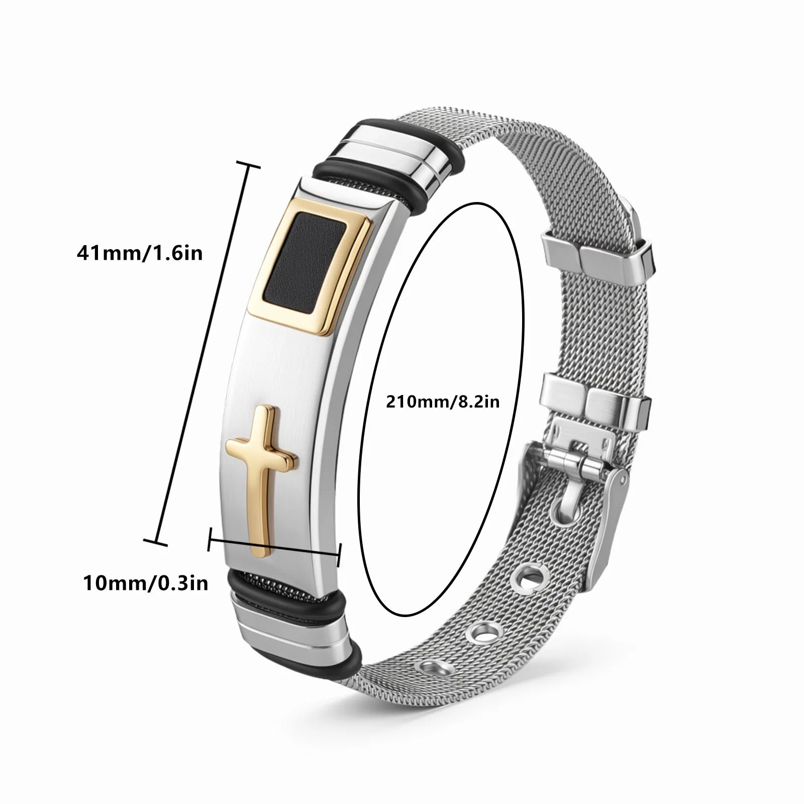 HNSP 316L Stainless Steel Cross Mesh Watch Band Bracelet, Adjustable Christian Faith Wristband, Hypoallergenic Religious Jewelry