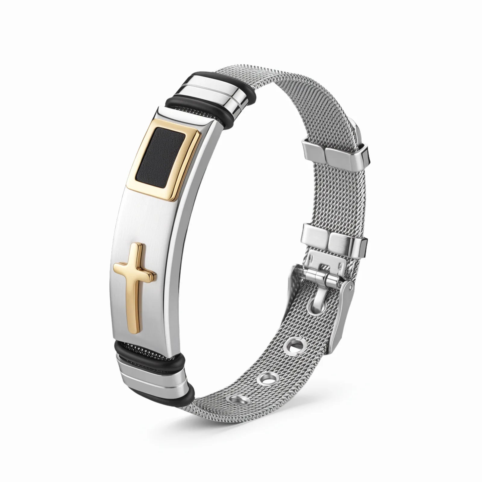 HNSP 316L Stainless Steel Cross Mesh Watch Band Bracelet, Adjustable Christian Faith Wristband, Hypoallergenic Religious Jewelry