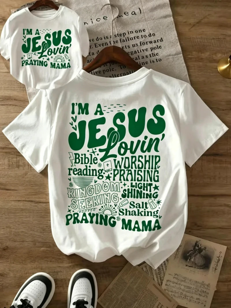 Christian Mama T-shirt "Jesus Lovin' Praying Mama" Religious Word Art Graphic Short Sleeve