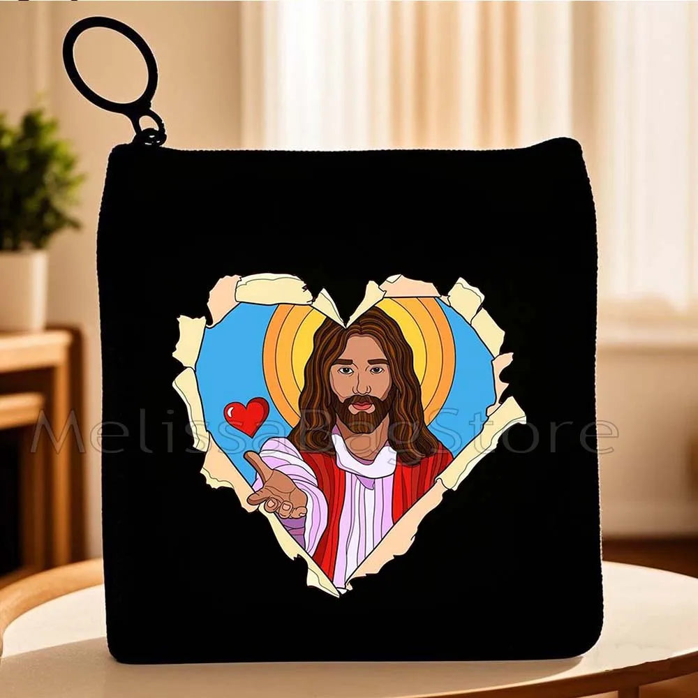 Cartoon Jesus Christ Floral Cross Love Faith Cute Christian Bible Belief Flowers Canvas Key Coin Purse Cute Bag Wallet Pouch