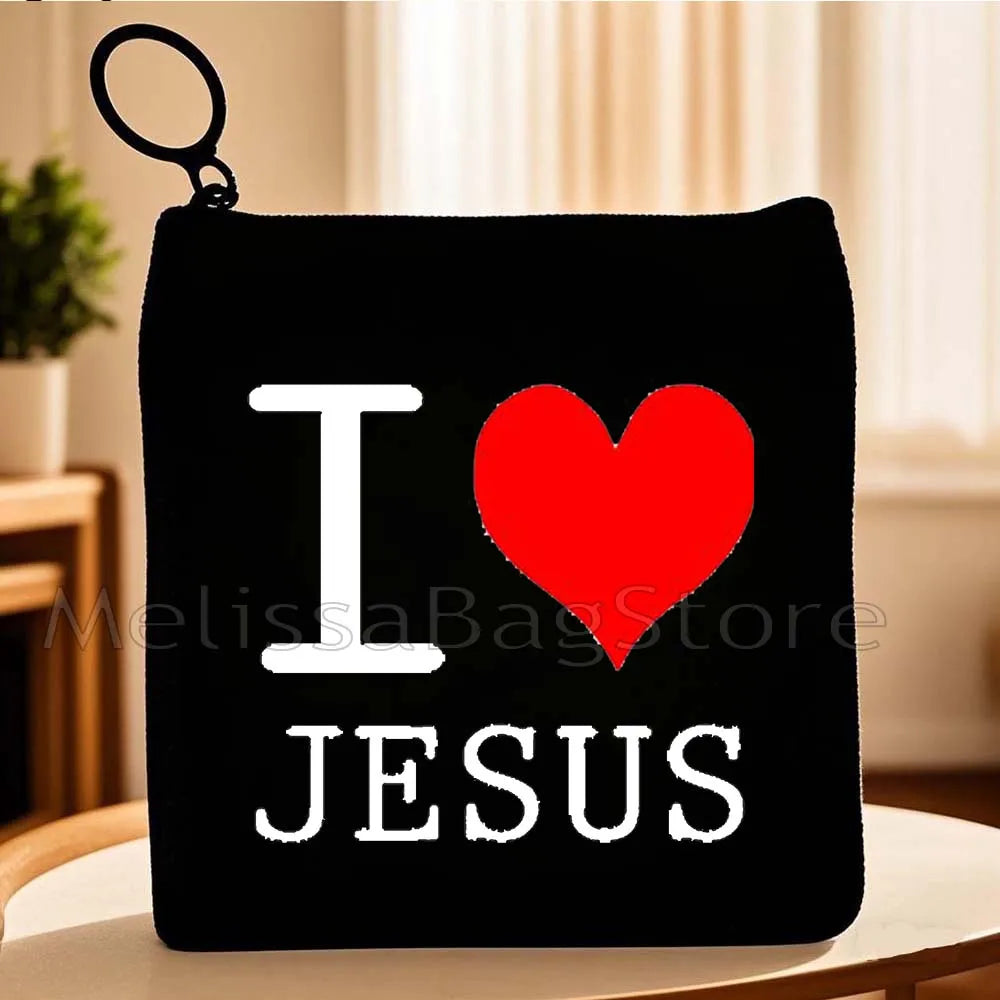 Cartoon Jesus Christ Floral Cross Love Faith Cute Christian Bible Belief Flowers Canvas Key Coin Purse Cute Bag Wallet Pouch