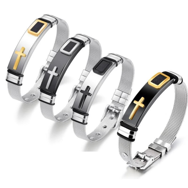 Black Gold Plated Cross Stainless Steel Bracelet for Men, Chain Jewelry Accessory, Punk Bracelets, High Quality