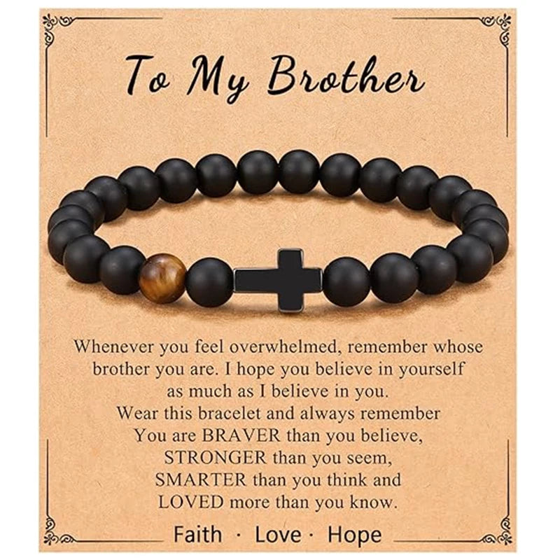 Elastic Natural Stone Beaded Cross Bracelet For Dad Godfather Husband Brother Faith Love Hope Gifts