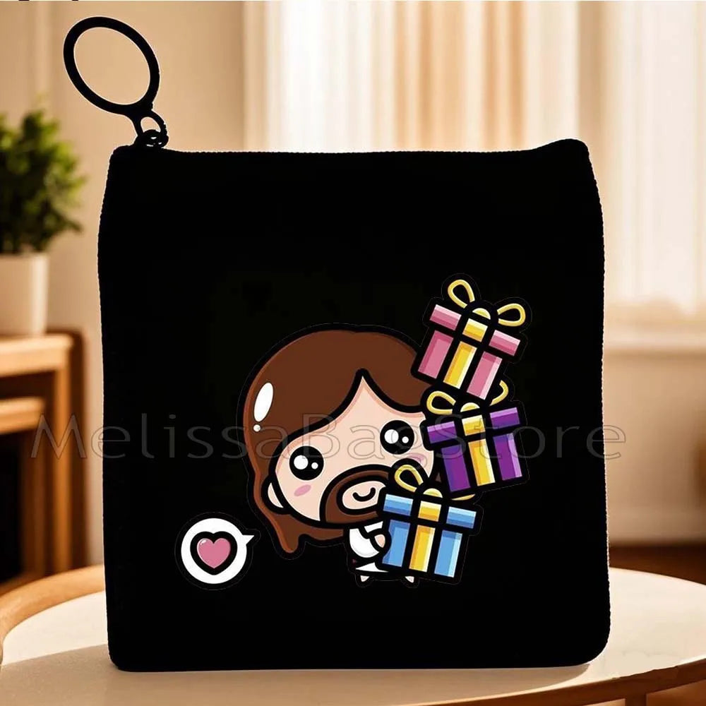 Cartoon Jesus Christ Floral Cross Love Faith Cute Christian Bible Belief Flowers Canvas Key Coin Purse Cute Bag Wallet Pouch