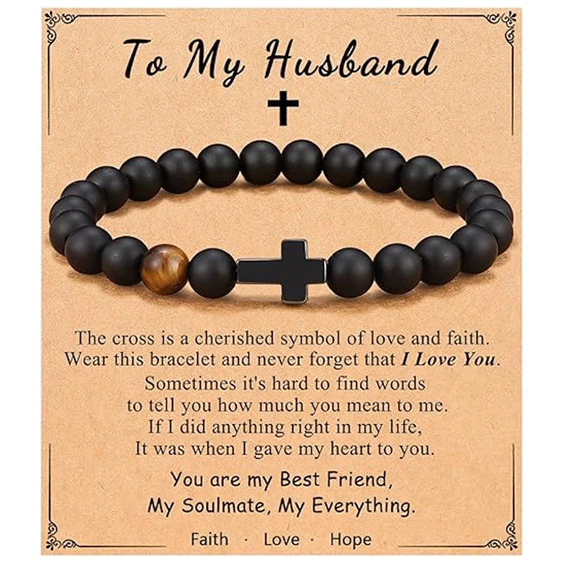 Elastic Natural Stone Beaded Cross Bracelet For Dad Godfather Husband Brother Faith Love Hope Gifts