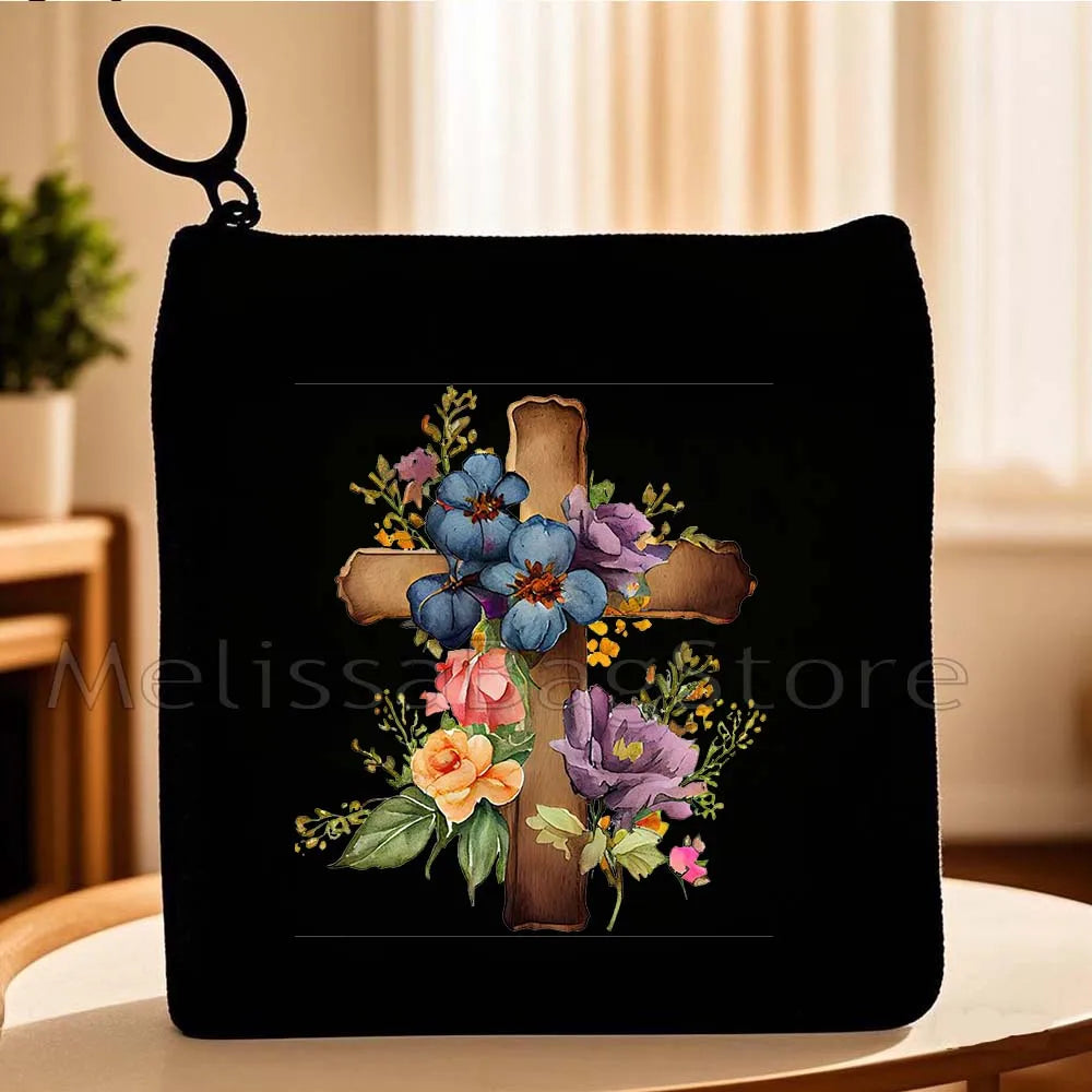 Cartoon Jesus Christ Floral Cross Love Faith Cute Christian Bible Belief Flowers Canvas Key Coin Purse Cute Bag Wallet Pouch