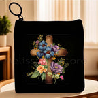 Cartoon Jesus Christ Floral Cross Love Faith Cute Christian Bible Belief Flowers Canvas Key Coin Purse Cute Bag Wallet Pouch