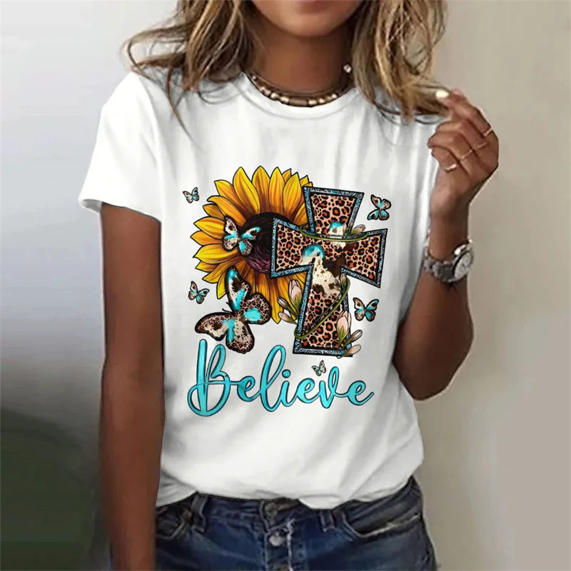 Cross Jesus Pattern T-Shirt For Women Sacred Christianity 3D Print T Shirts Summer Fashion Street Tees Short Sleeves O-Neck Tops